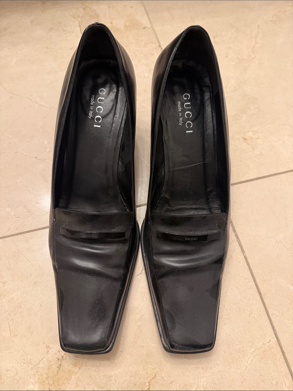 Gucci Men's Black Leather Square-Toe Slip-On Loafers